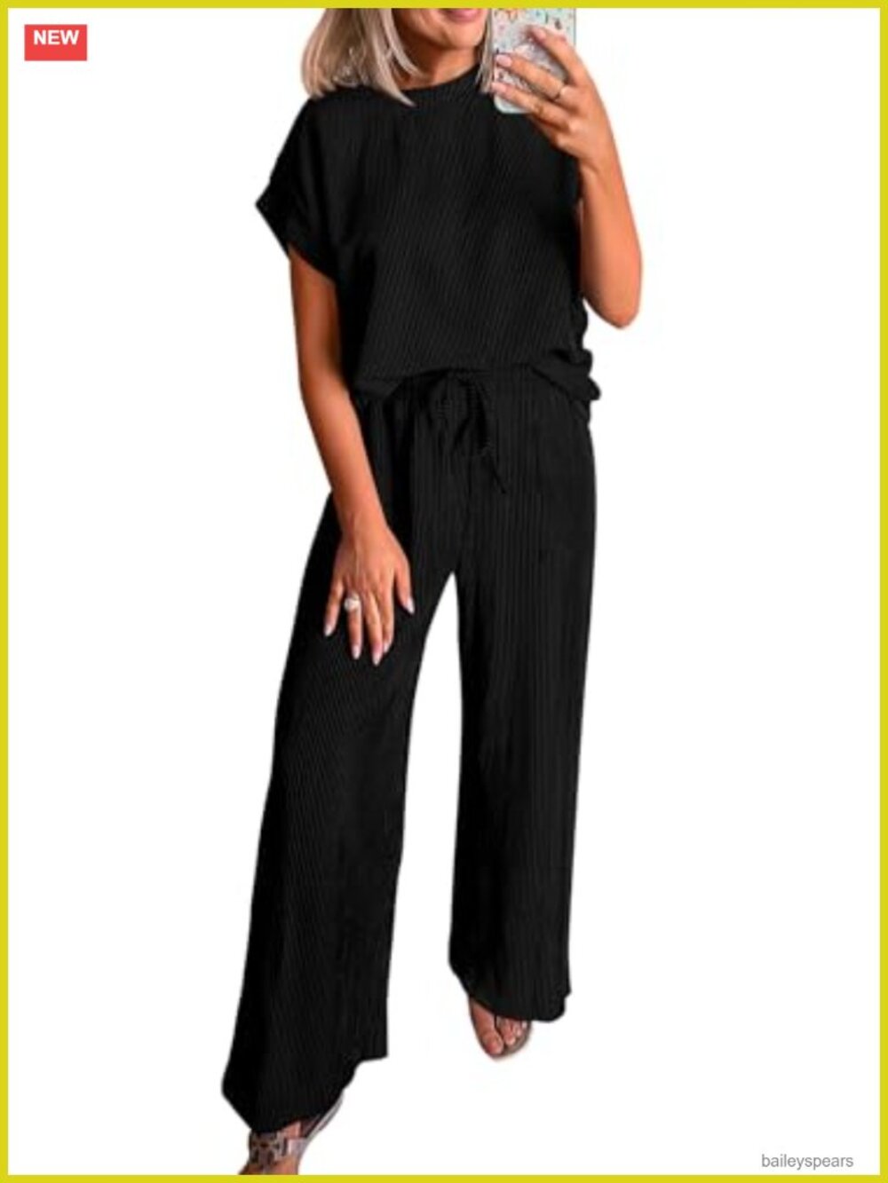 Ribbed Knit 2 Piece Lounge Set Short Sleeve Top Wide Leg Pants Set